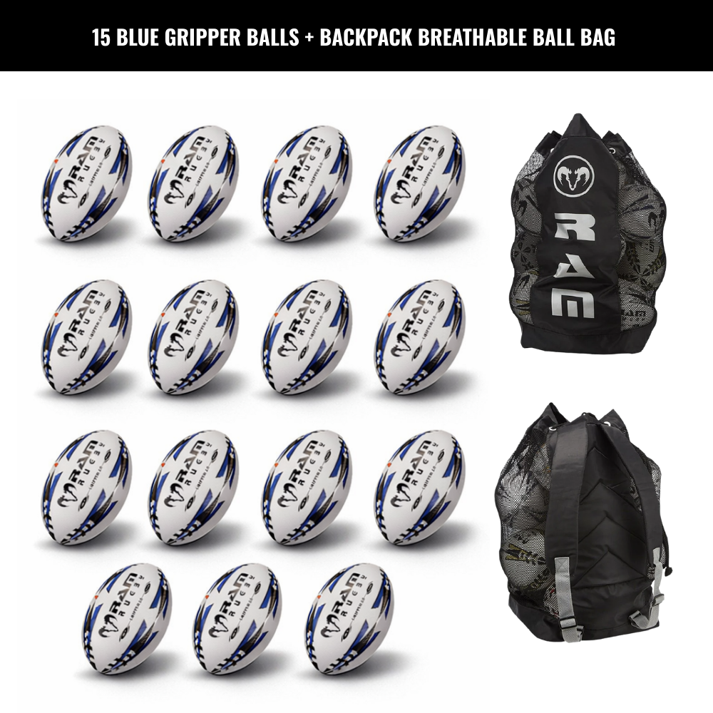Ram Rugby Gripper 2.0 Pro Trainer Rugbyball Bundle 15 Bälle 1 Tasche