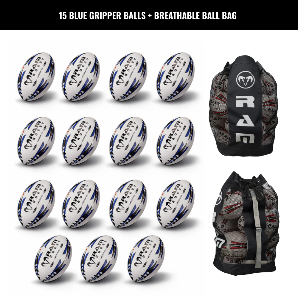 Ram Rugby Gripper 2.0 Pro Trainer Rugbyball Bundle 15 Bälle 1 Tasche