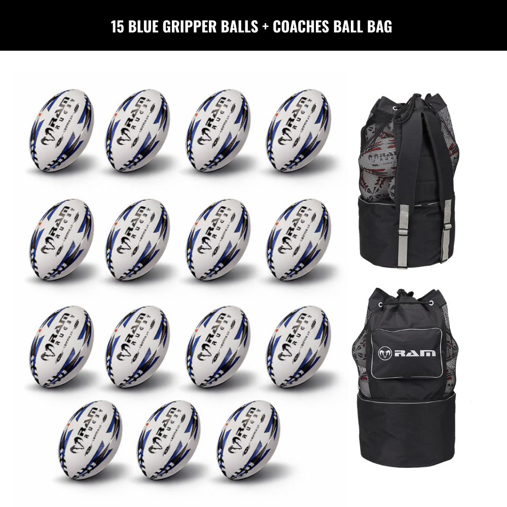 Ram Rugby Gripper 2.0 Pro Trainer Rugbyball Bundle 15 Bälle 1 Tasche