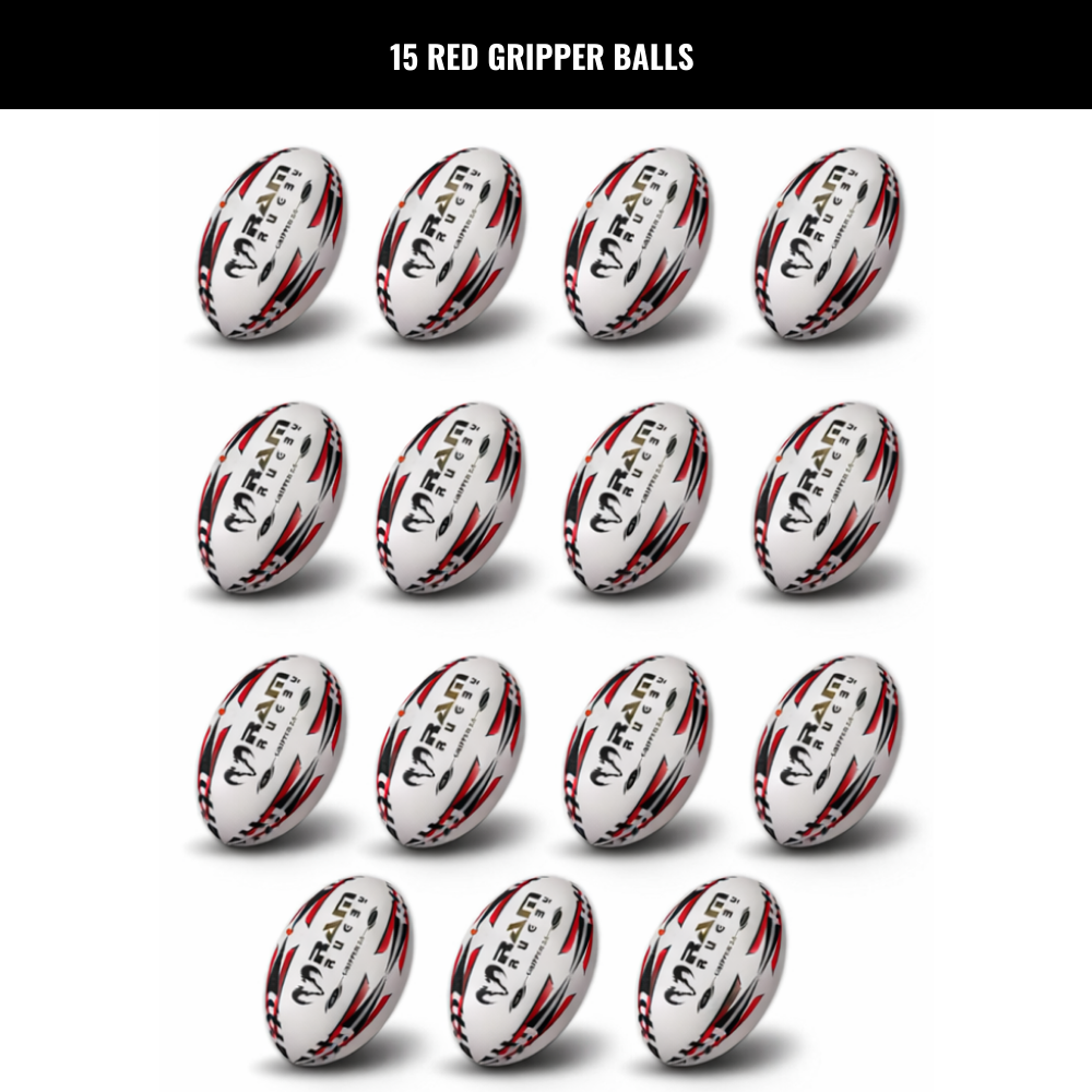Ram Rugby Gripper 2.0 Pro Trainer Rugbyball Bundle 15 Bälle 1 Tasche
