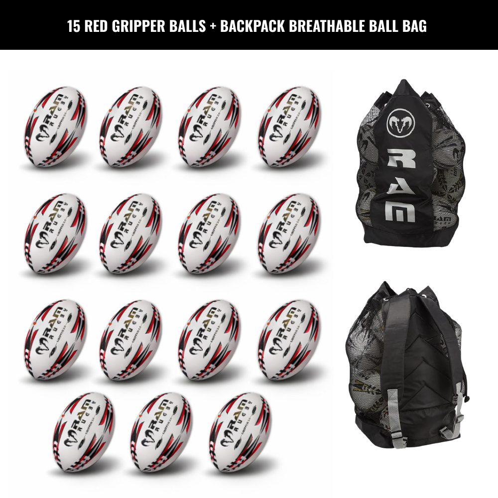 Ram Rugby Gripper 2.0 Pro Trainer Rugbyball Bundle 15 Bälle 1 Tasche