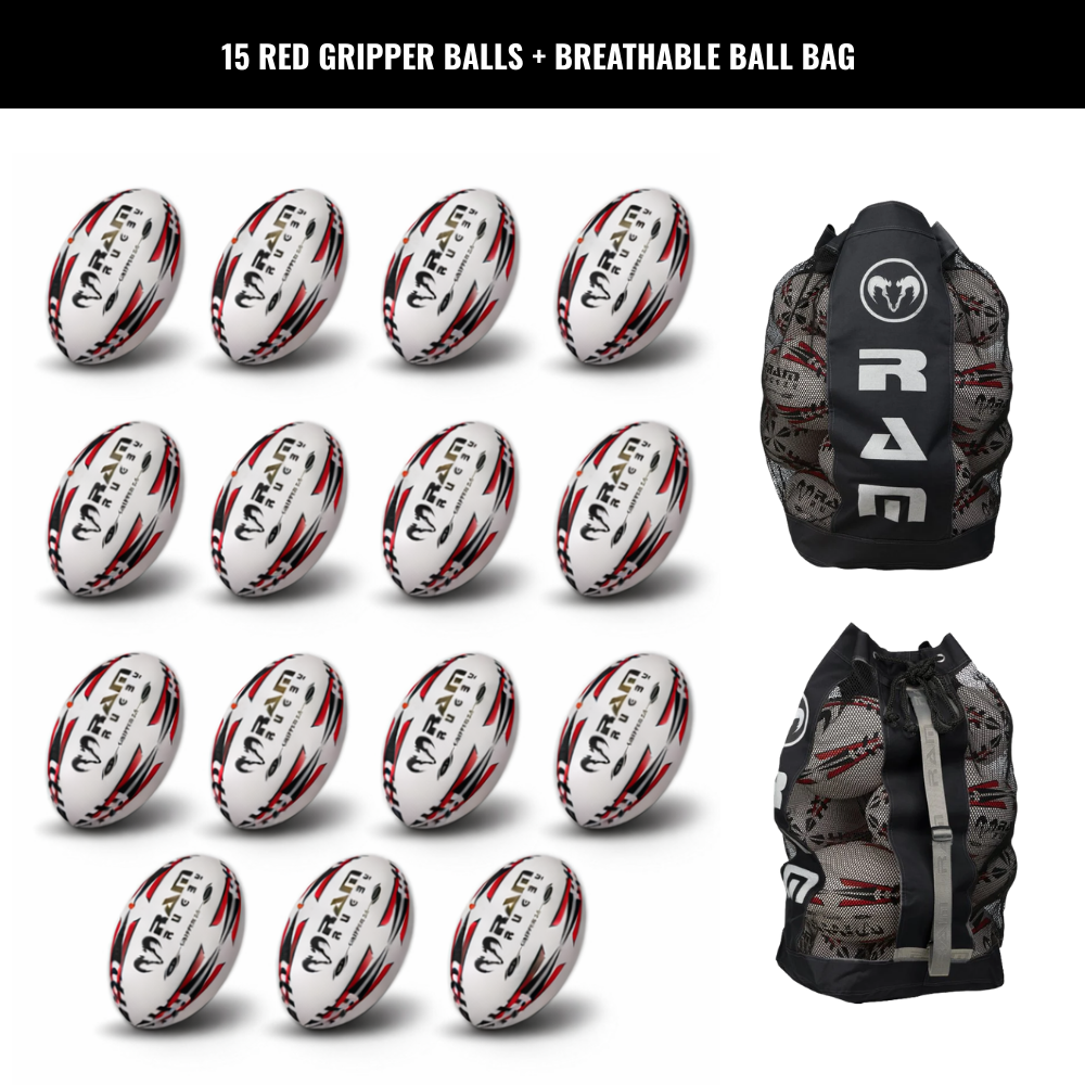 Ram Rugby Gripper 2.0 Pro Trainer Rugbyball Bundle 15 Bälle 1 Tasche
