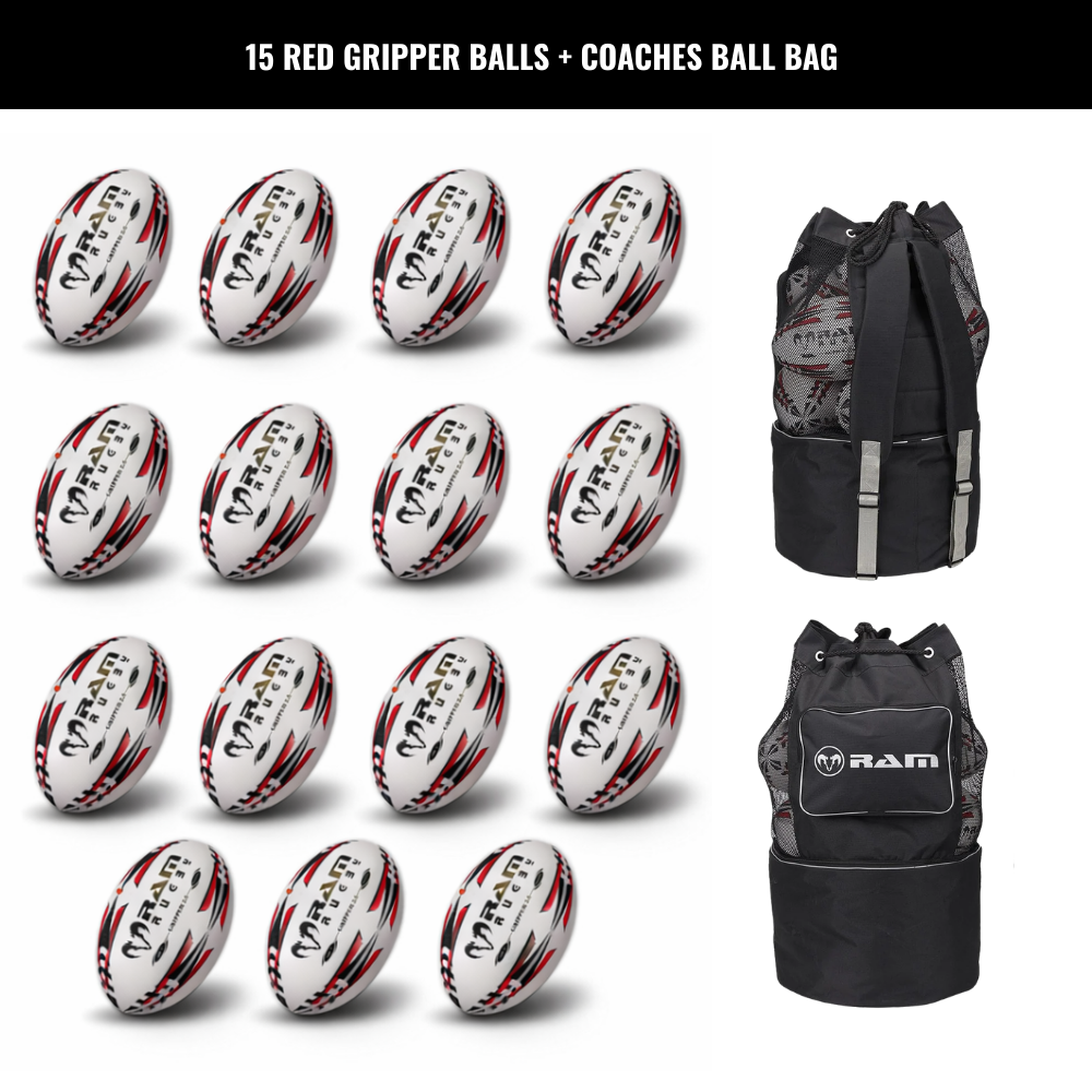 Ram Rugby Gripper 2.0 Pro Trainer Rugbyball Bundle 15 Bälle 1 Tasche