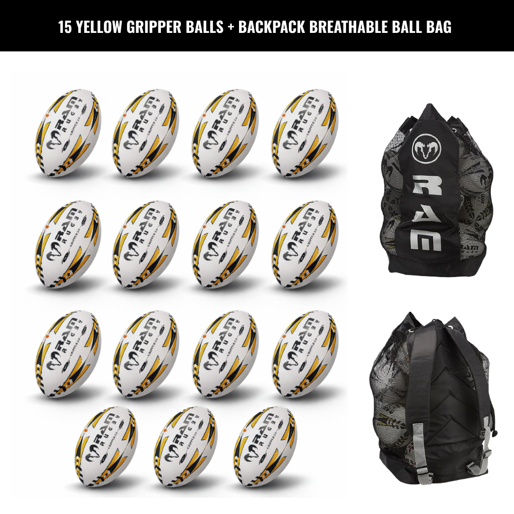Ram Rugby Gripper 2.0 Pro Trainer Rugbyball Bundle 15 Bälle 1 Tasche