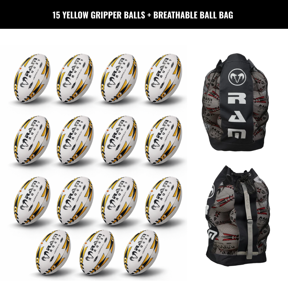 Ram Rugby Gripper 2.0 Pro Trainer Rugbyball Bundle 15 Bälle 1 Tasche