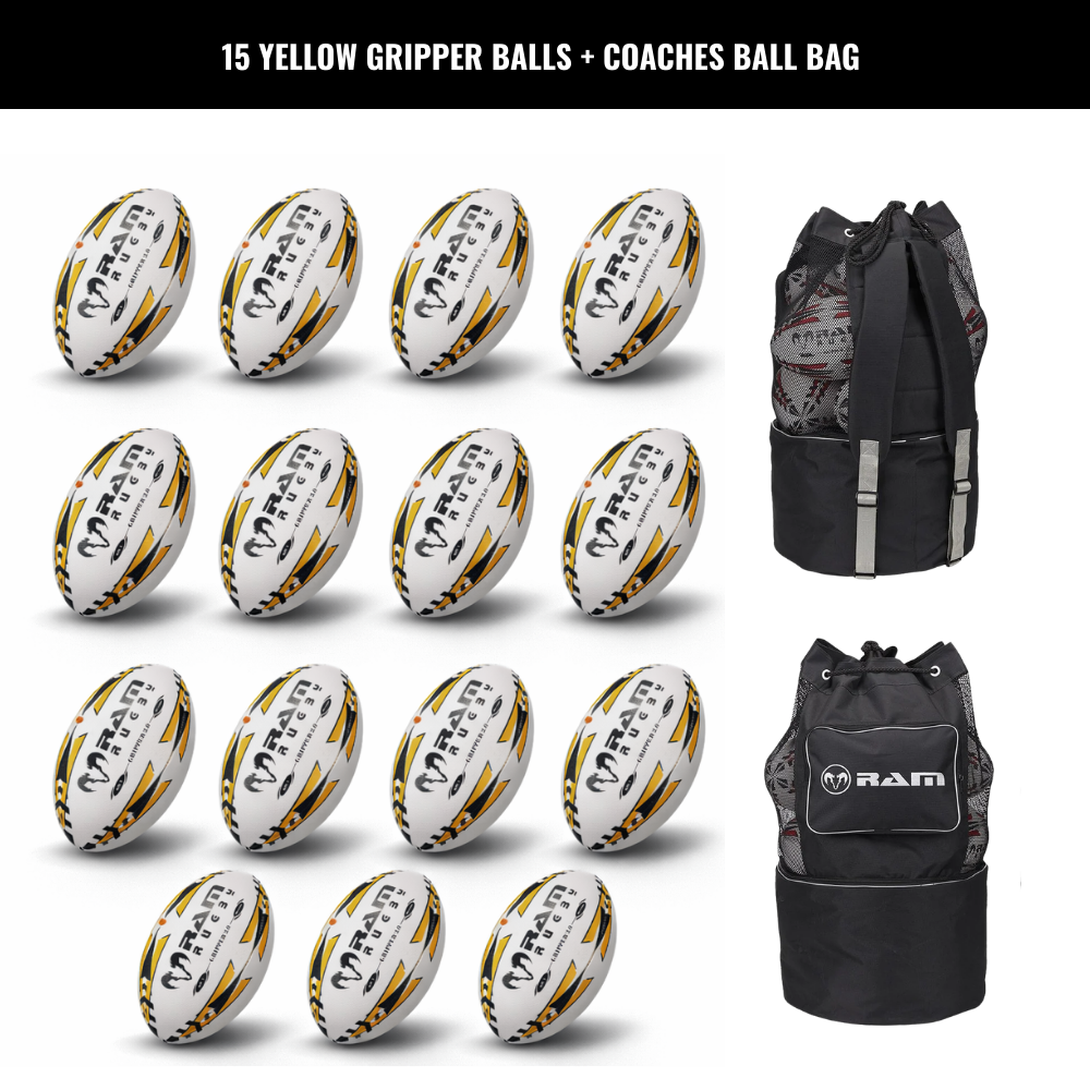 Ram Rugby Gripper 2.0 Pro Trainer Rugbyball Bundle 15 Bälle 1 Tasche