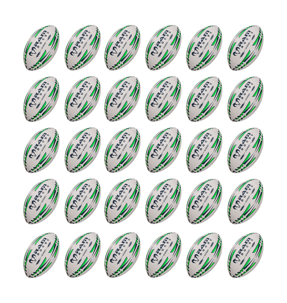 Ram Rugby Academy Trainer Ball Bundle with 30 red and white training rugby balls stacked next to two black breathable storage bags.