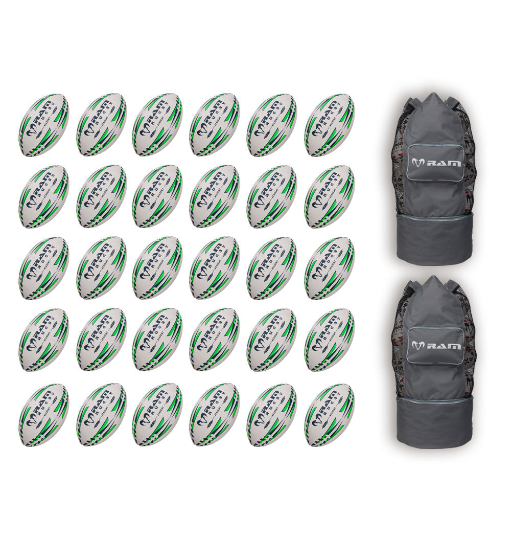 Ram Rugby Academy Trainer Ball Bundle with 30 orange youth rugby balls neatly stored in two breathable carrying bags for training