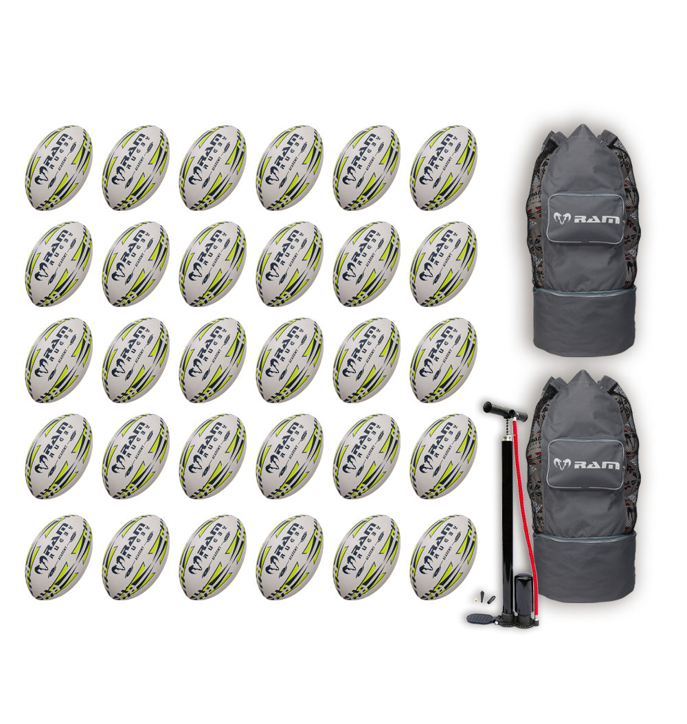 Ram Rugby Academy 30 Pack Trainer Balls in bright yellow with black branding, paired with two breathable storage bags for easy transport