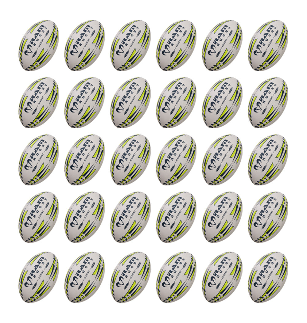 Thirty Ram Rugby Academy Trainer soft touch rugby balls neatly stacked beside two large breathable storage bags for training use
