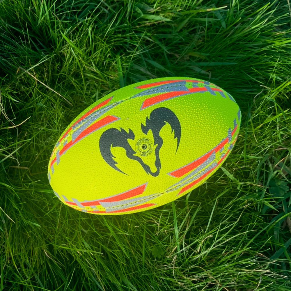 Ram Rugby Midi Rugby Ball Size 2 in neon colors, 22cm air-filled fun ball for kids aged 3-4, durable soft grip.