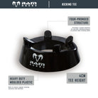 Ram Rugby Black Kicking Tee showing durable four-pronged 4cm moulded plastic design for stable rugby kicks