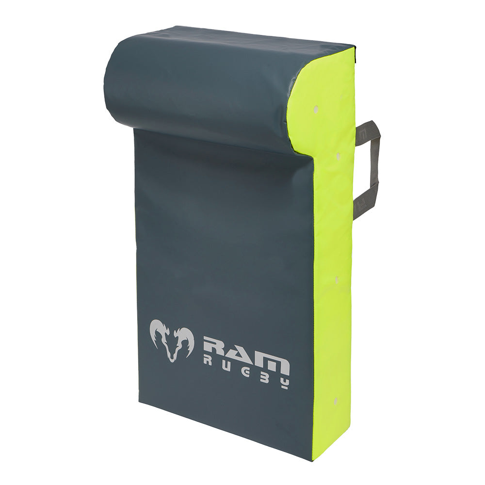 Ram Rugby Single Wedge Hit Shield Small in blue PVC with durable foam core, designed for youth rugby training impact drills