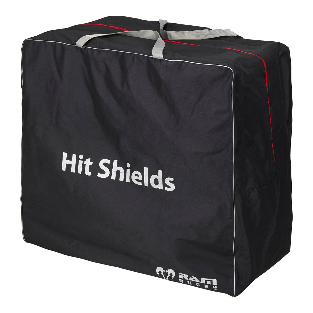 Ram Rugby Flat Hit Shield in black and red with durable PVC shell and high-density foam, designed for rugby training impact absorbance.