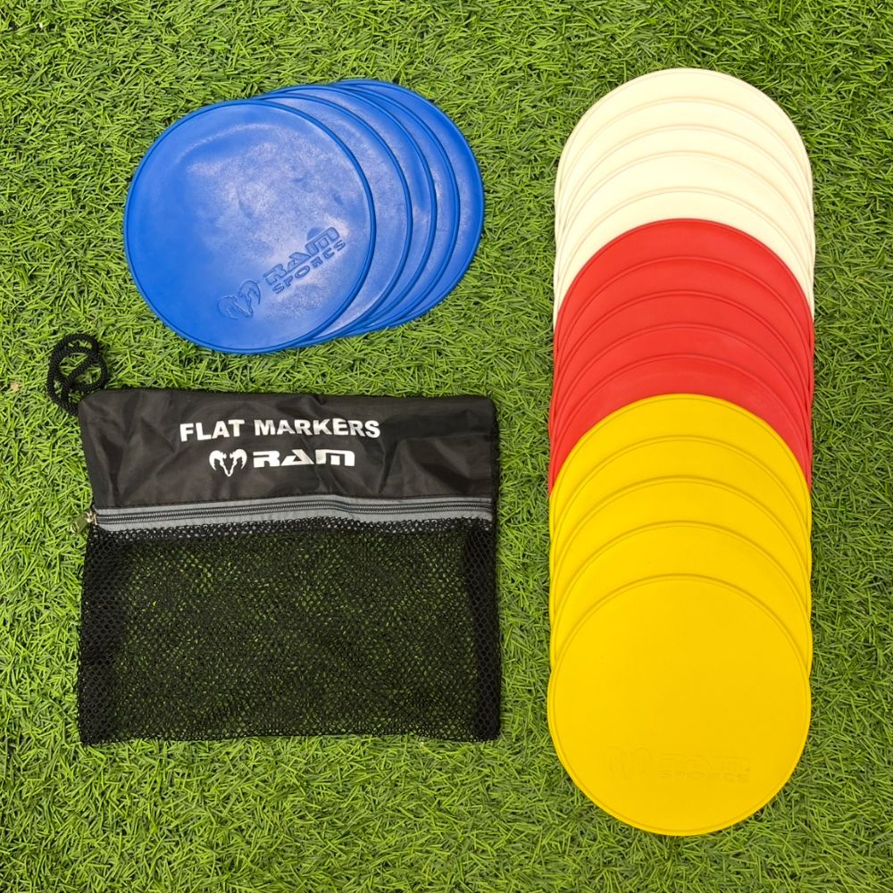 Ram Rugby flat marker cones set of 20 in yellow, red, white, and blue non-slip rubber for durable rugby training drills