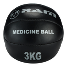 Set of Ram Rugby durable black slip leather medicine balls in 3KG, 5KG, and 10KG sizes for strength training workouts