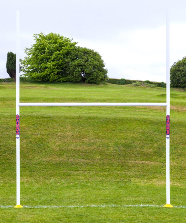 Ram Rugby 3.6m mini plastic rugby goal posts assembled outdoors with no-hole fixing system and durable uPVC frame