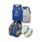 Set of Ram Rugby custom match and training balls in vibrant colors with branded ball bags and lightweight training bibs included