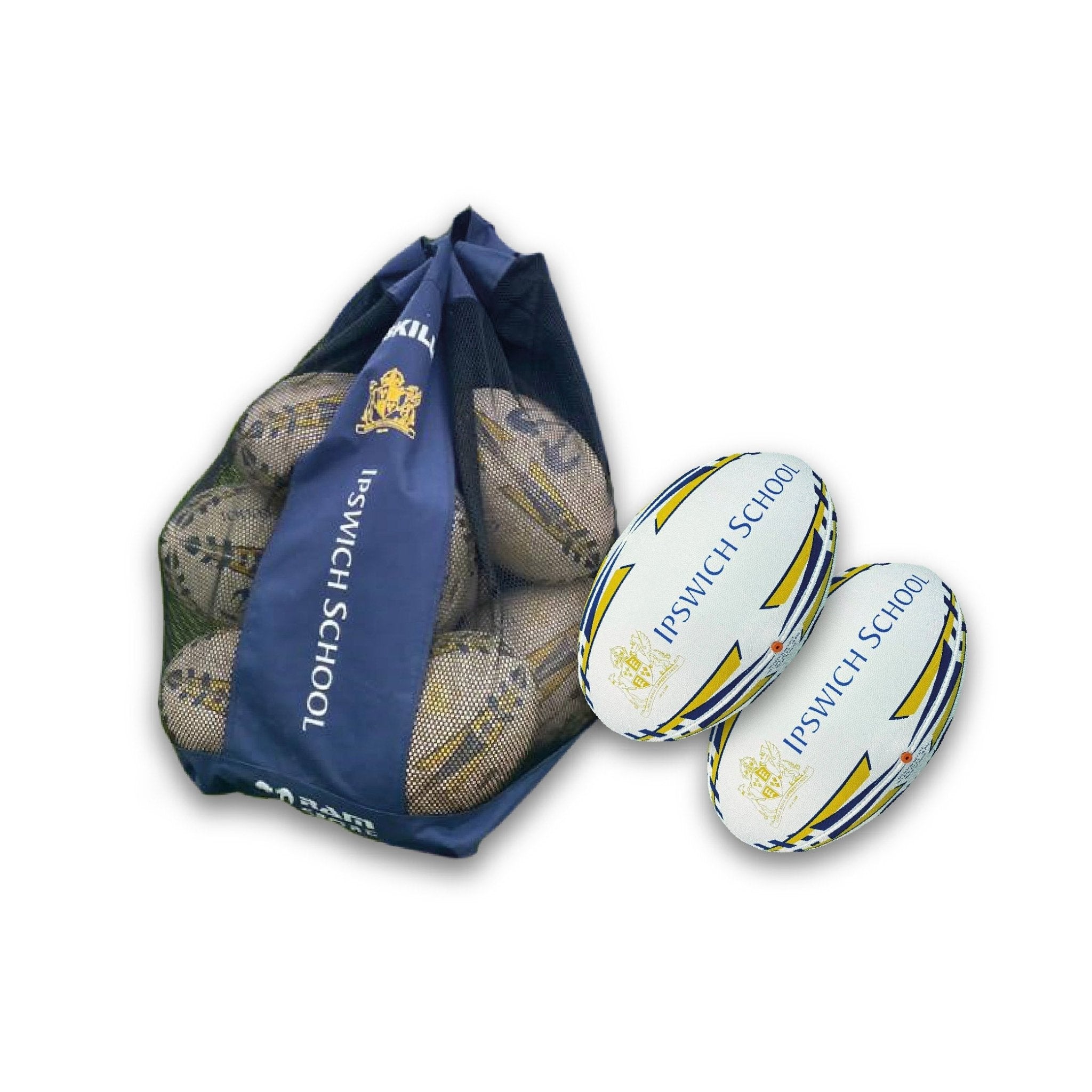 Set of Ram Rugby custom match and training balls with branded ball bags featuring logos and sponsor names for teams