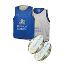 Ram Rugby custom training rugby balls and bibs featuring logo printing in vibrant team colors for enhanced practice sessions