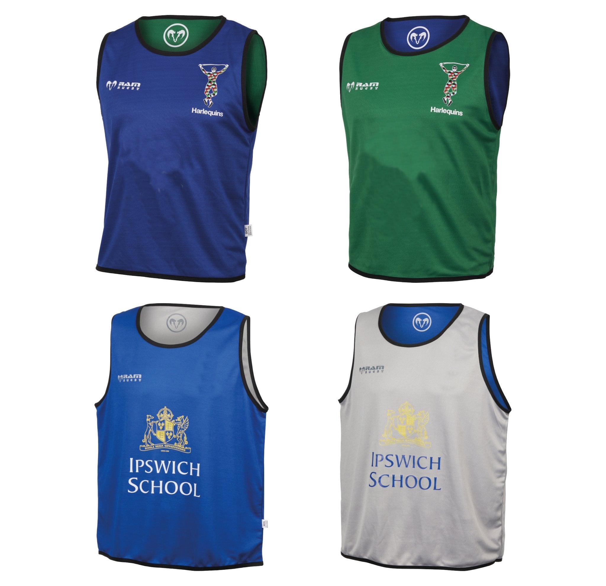 Ram Rugby custom training rugby balls and bibs with logo printing in bright colors for professional team practice sessions