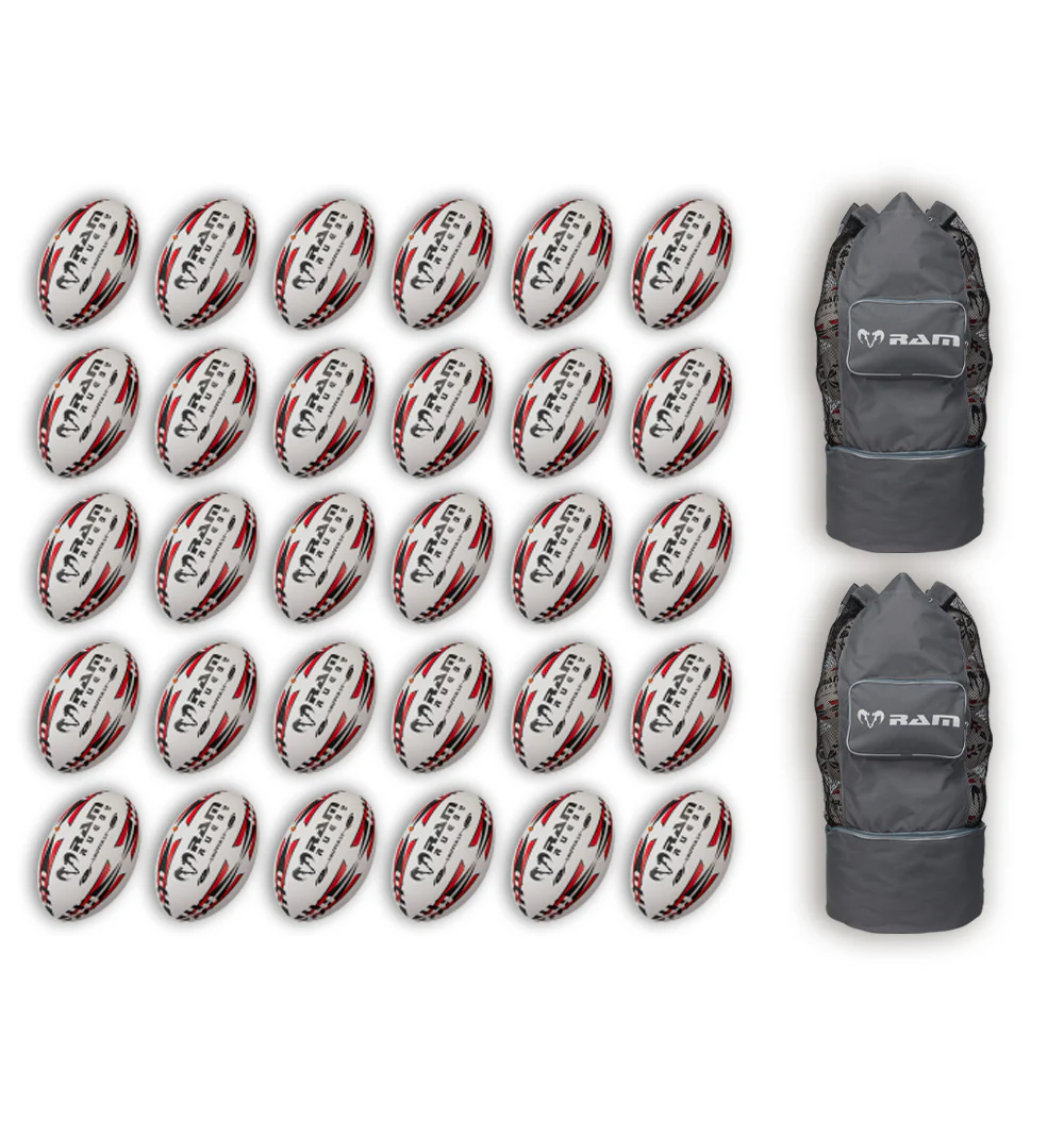 Ram Rugby Gripper 2.0 Pro Trainer Rugbyball Bundle 30 Bälle 2 Taschen