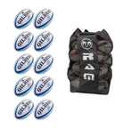 Ten Gilbert Atom match rugby balls stacked beside a black breathable bag designed to hold up to 16 size 5 balls