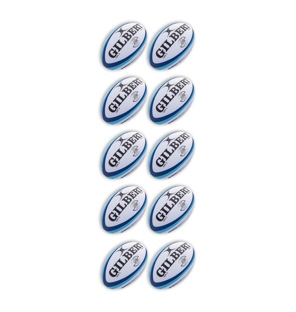 Set of 10 Gilbert Atom match rugby balls in white with black and orange accents, bundled with a breathable black ball bag