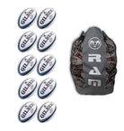 Ten Gilbert Kinetica rugby match balls stacked with a black breathable bag, designed for senior club rugby training.