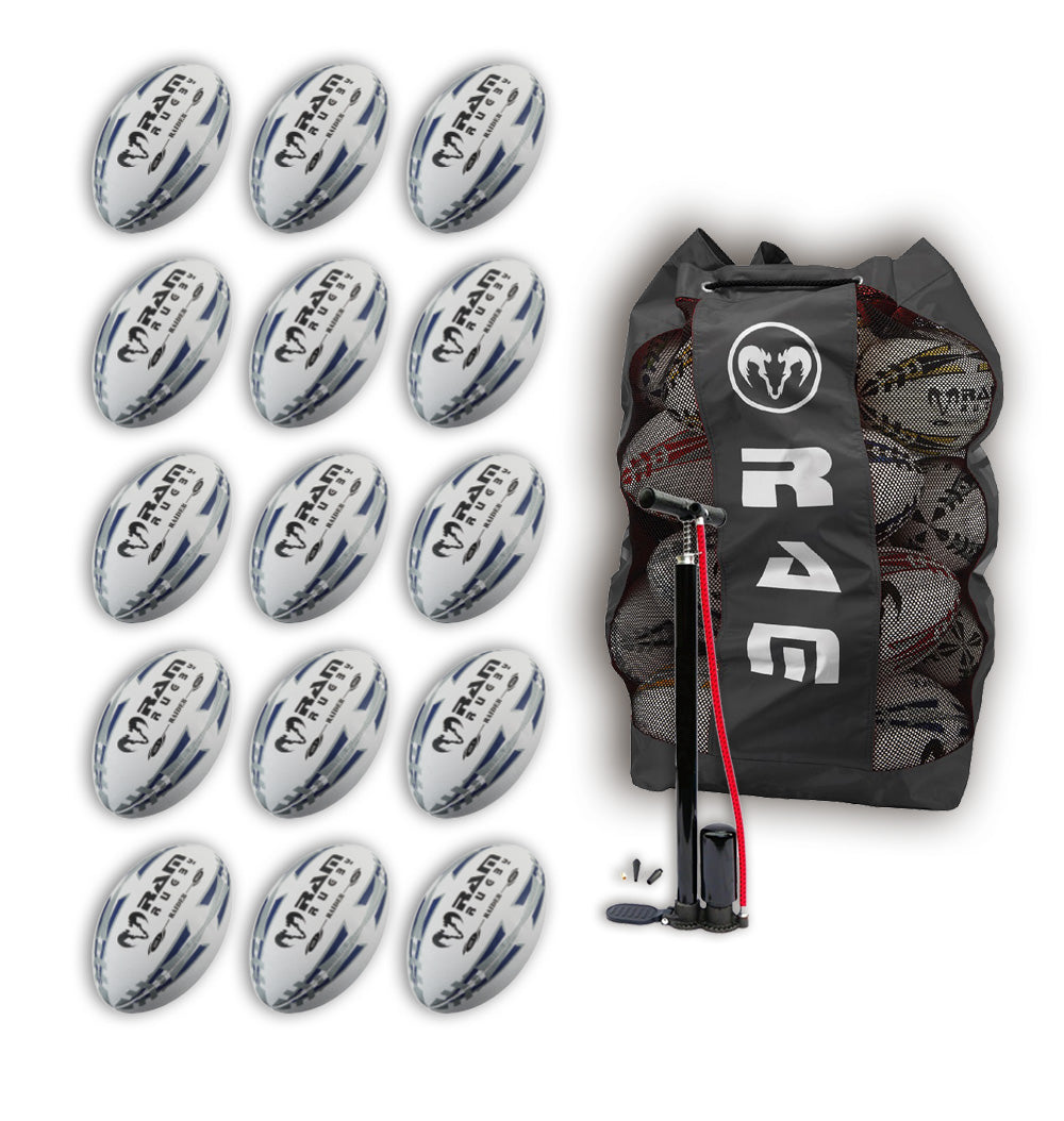 Fifteen Ram Rugby Raider 2.0 Black match balls neatly arranged with breathable storage bag for team rugby ball bundle set