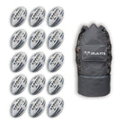 Fifteen Ram Rugby Raider 2.0 Black match rugby balls stacked with a breathable storage bag for ball bundle transport.