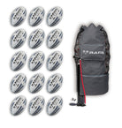 Fifteen black Ram Rugby Raider 2.0 size 5 match balls neatly arranged inside a breathable black carrying bag for storage.
