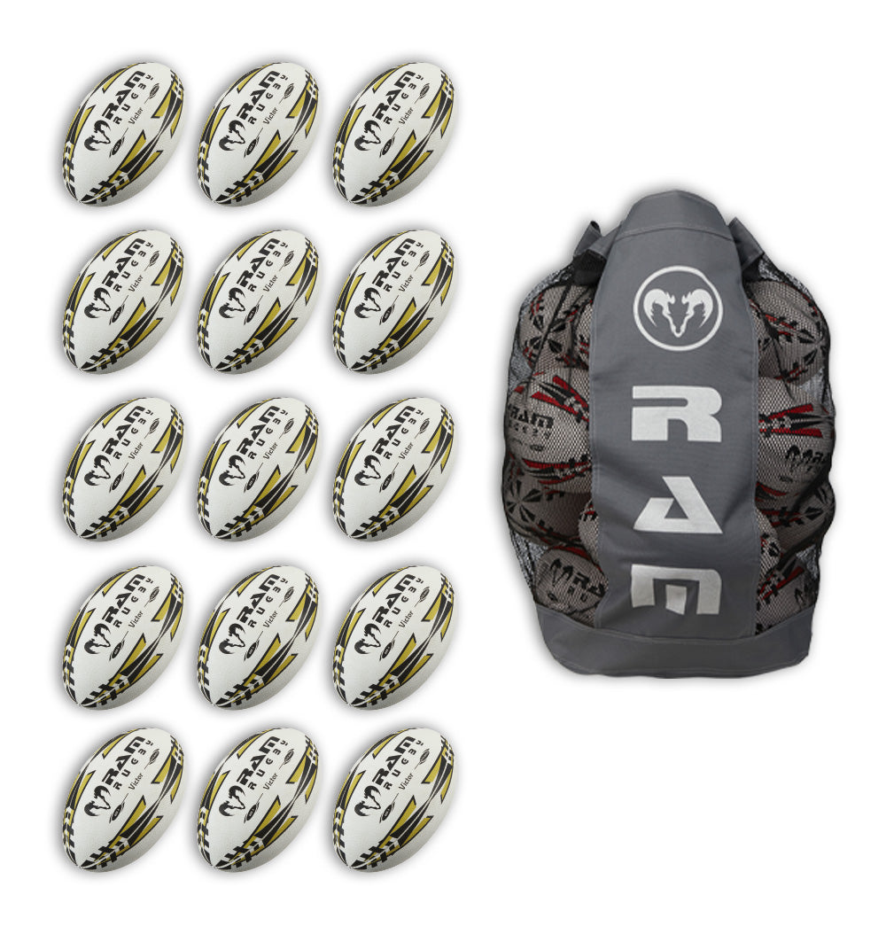 Set of 15 gold Ram Rugby Victor 2.0 Elite size 5 match balls arranged with the included breathable storage bag.