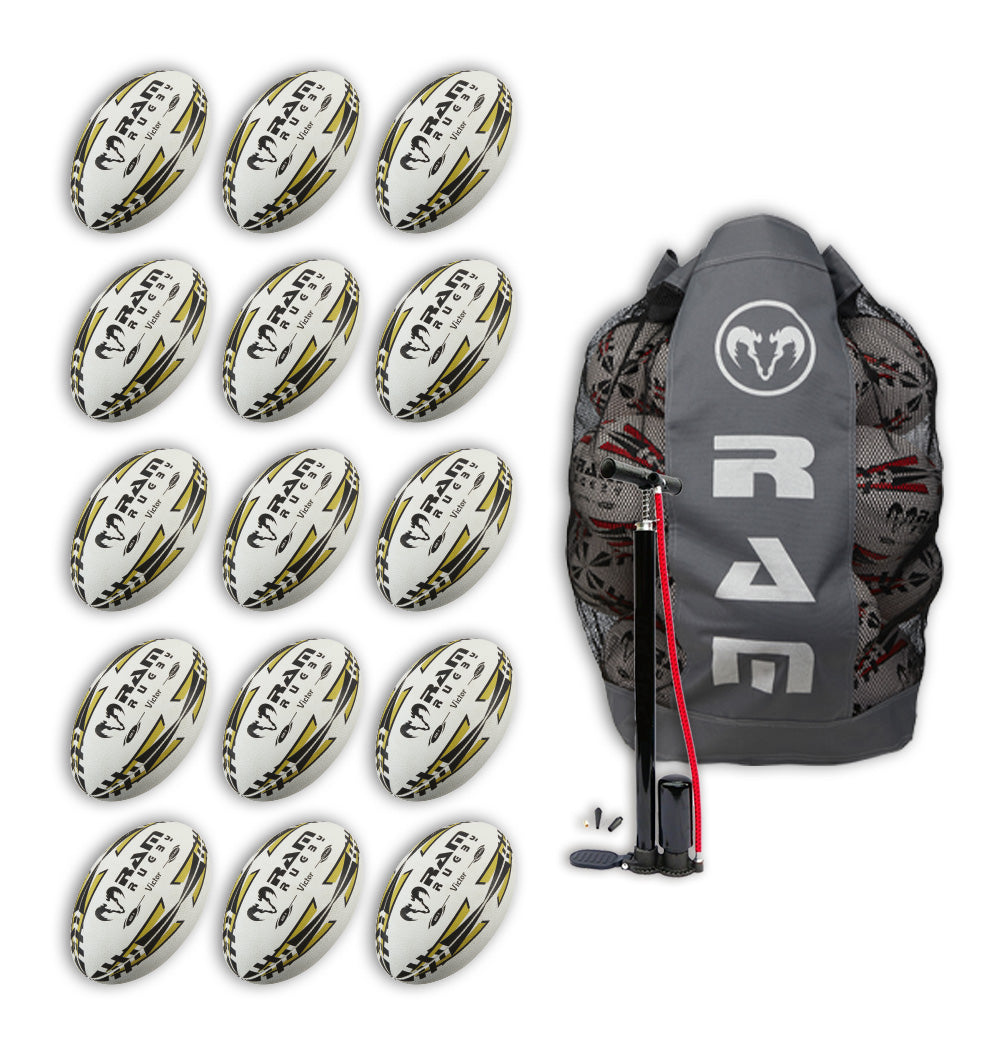 Ram Rugby Victor 2.0 Elite Match Ball Bundle showing all 15 gold size 5 rugby balls neatly arranged with breathable bag