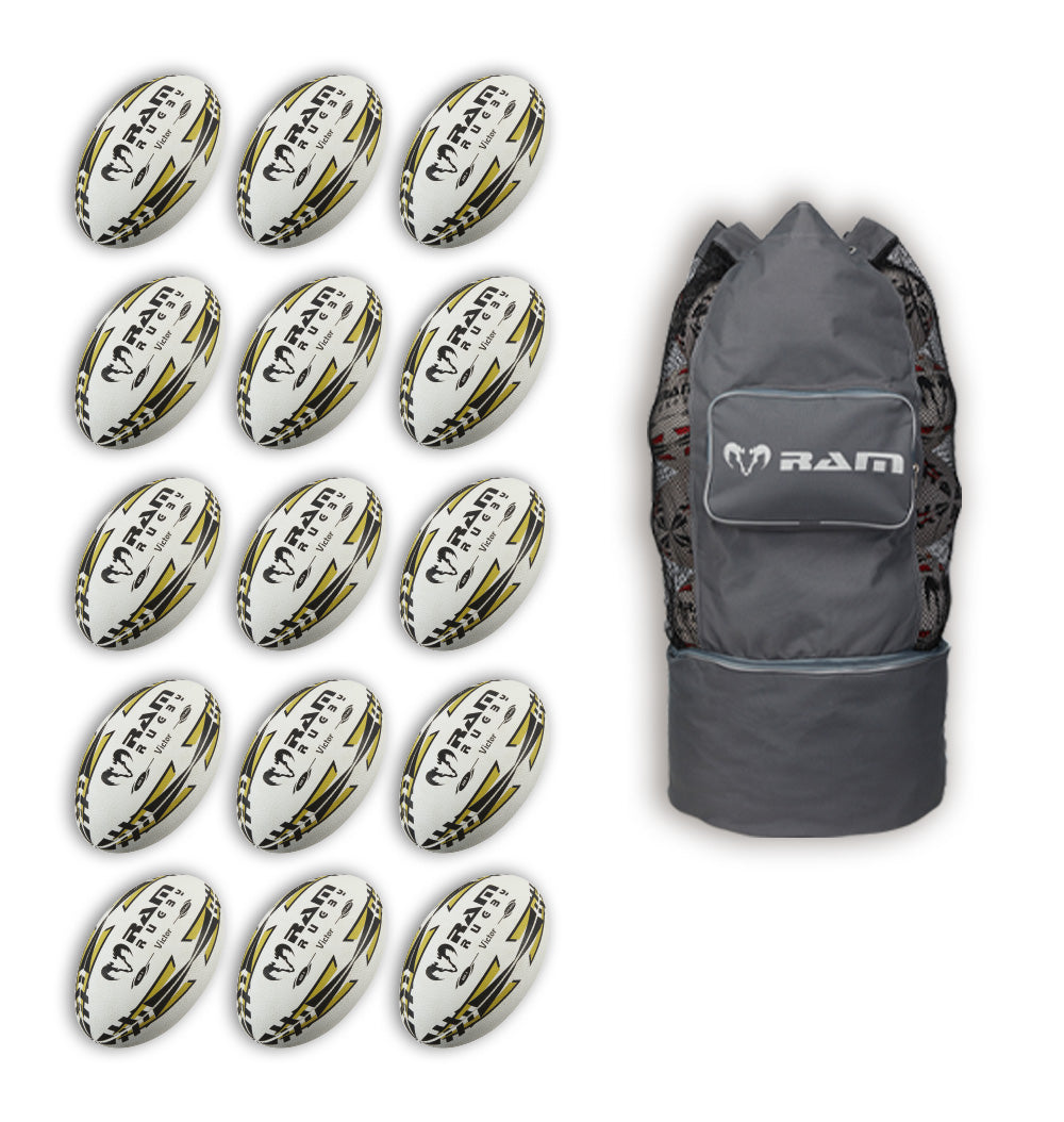 Stack of 15 gold Ram Rugby Victor 2.0 Elite Match Size 5 balls neatly arranged with breathable storage bag for transport