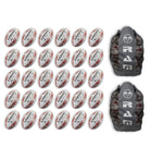 Thirty Ram Rugby Squad Trainer size 5 rugby balls stacked neatly with two black breathable bags for storage and transport.