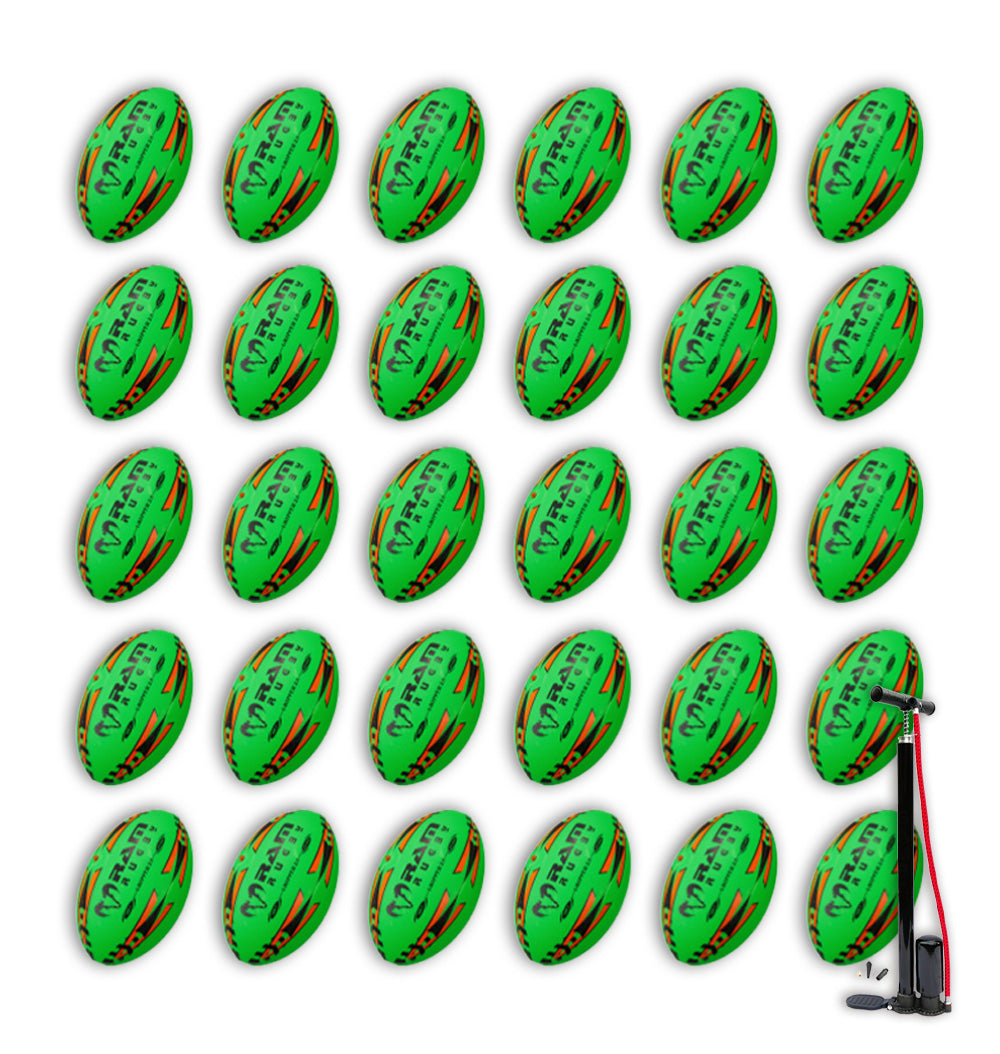 Stack of 30 Ram Rugby Gripper 2.0 Pro Trainer neon rugby balls in yellow, orange, and green with two breathable carry bags