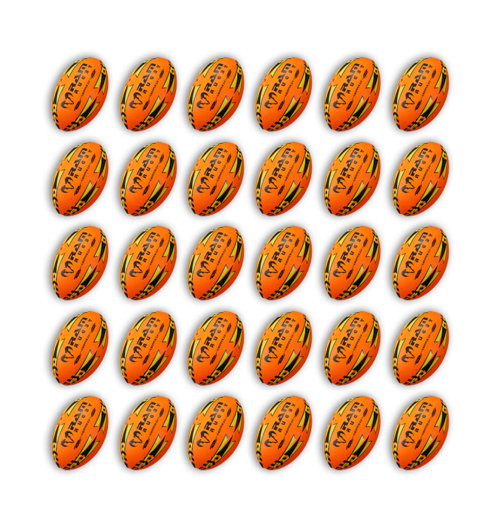 Stack of Ram Rugby Gripper 2.0 Pro Trainer Neon balls in yellow, orange, and green with two breathable storage bags included