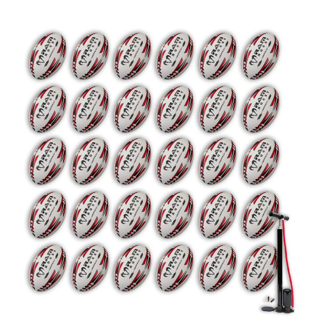 Ram Rugby Gripper 2.0 Pro Trainer Rugbyball Bundle 30 Bälle 2 Taschen