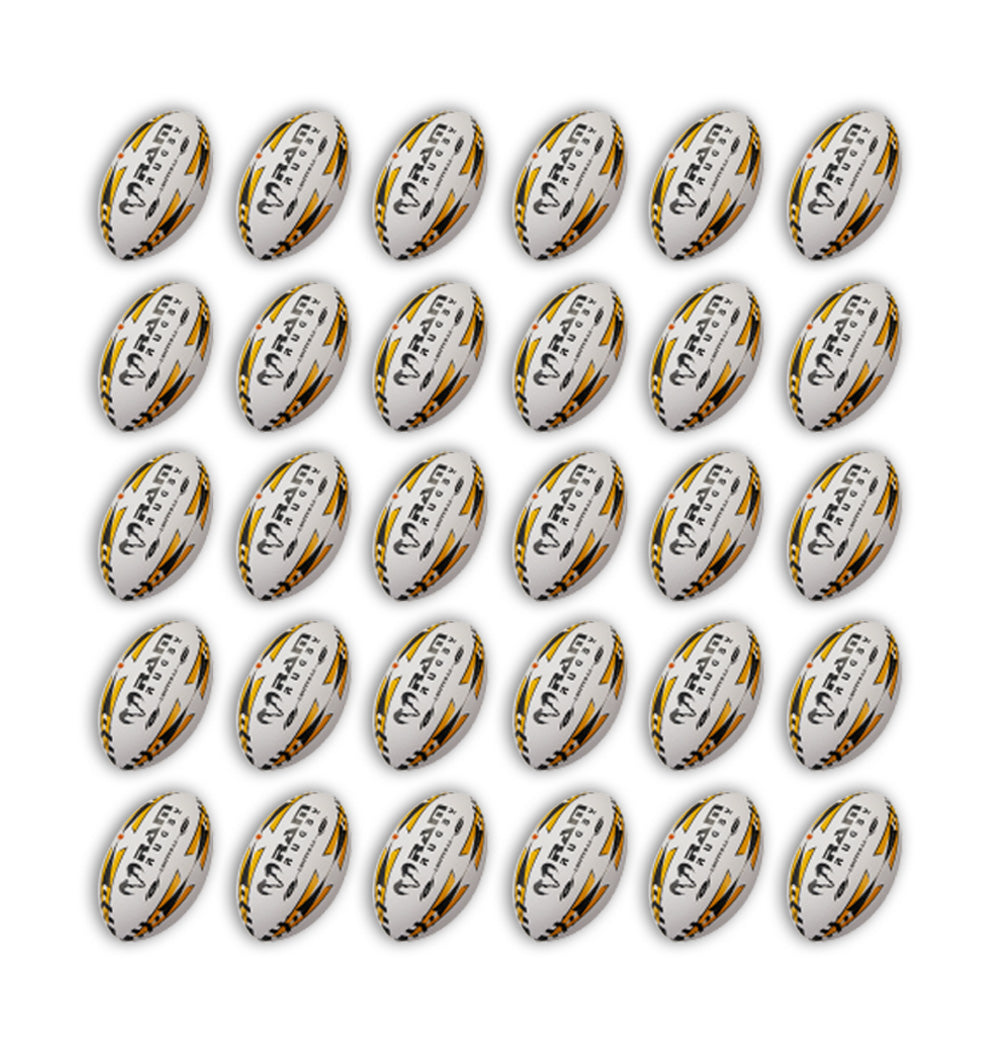 Thirty Ram Rugby Gripper 2.0 Pro Trainer rugby balls stacked with two black breathable storage bags for team training sessions