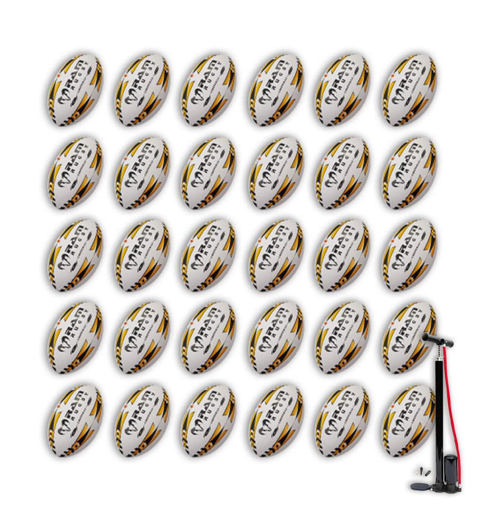 Thirty Ram Rugby Gripper 2.0 Pro Trainer rugby balls neatly stacked with two breathable ball bags for easy transport and storage