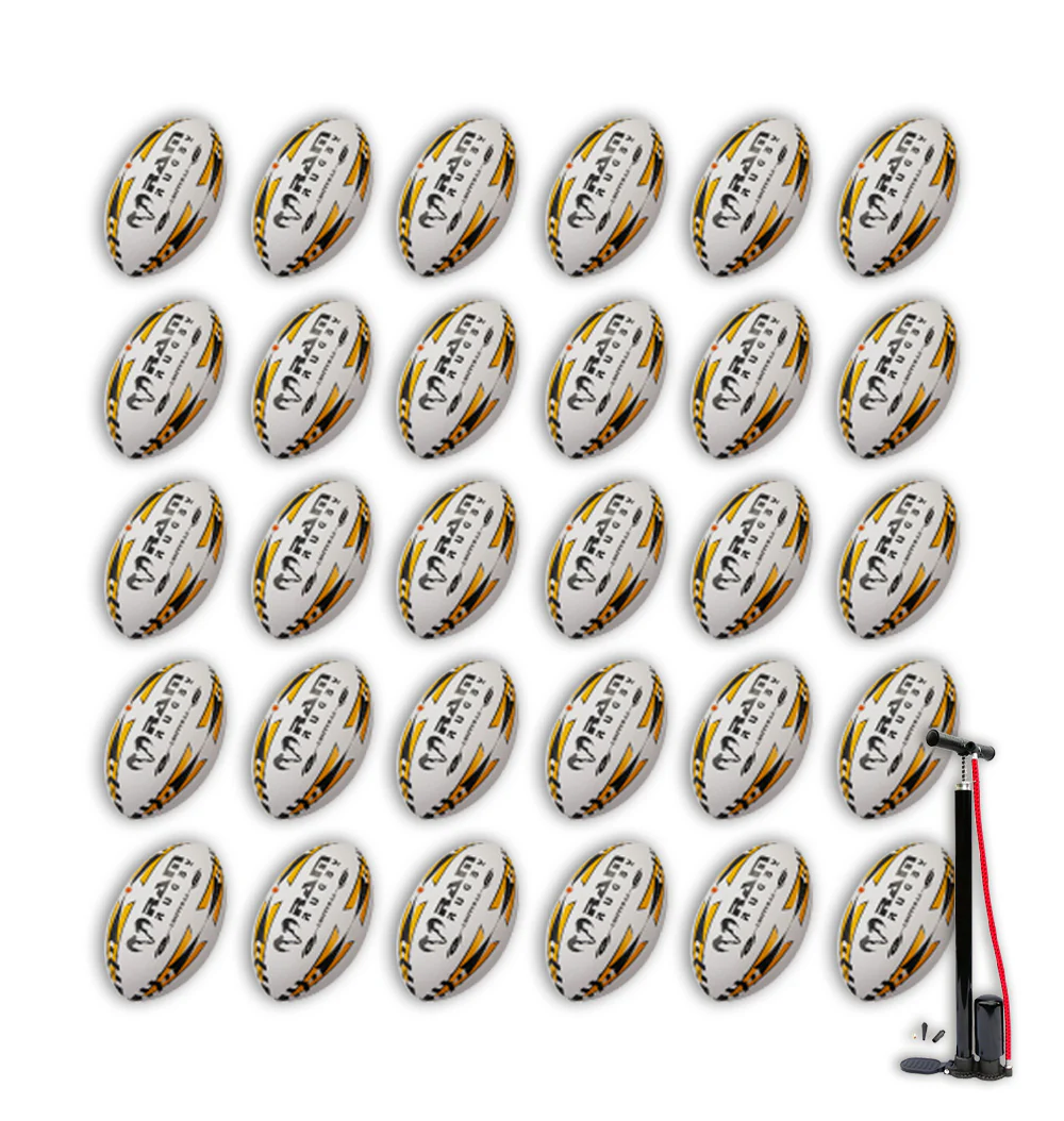 Ram Rugby Gripper 2.0 Pro Trainer Rugbyball Bundle 30 Bälle 2 Taschen