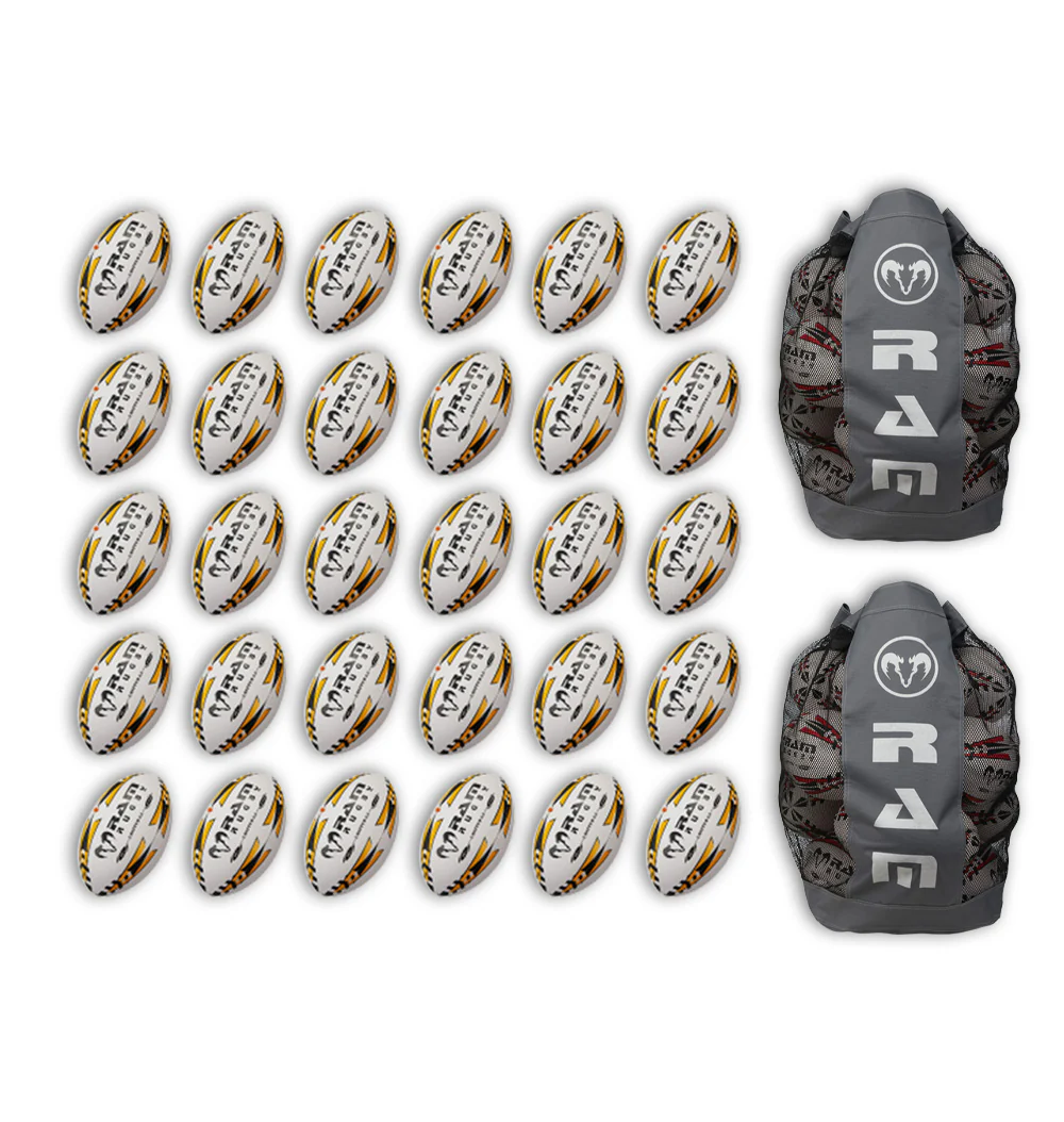 Ram Rugby Gripper 2.0 Pro Trainer Rugbyball Bundle 30 Bälle 2 Taschen