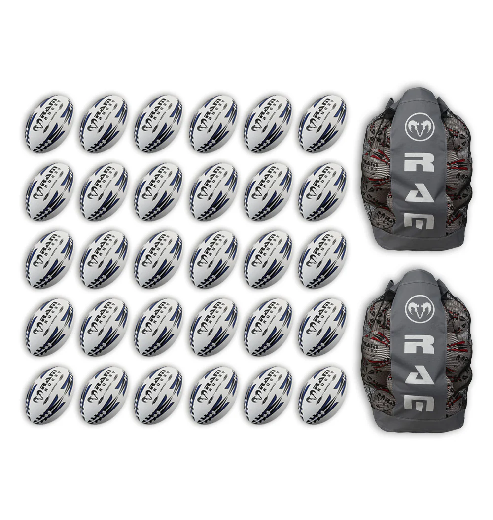 Ram Rugby Gripper 2.0 Pro Trainer Rugbyball Bundle 30 Bälle 2 Taschen