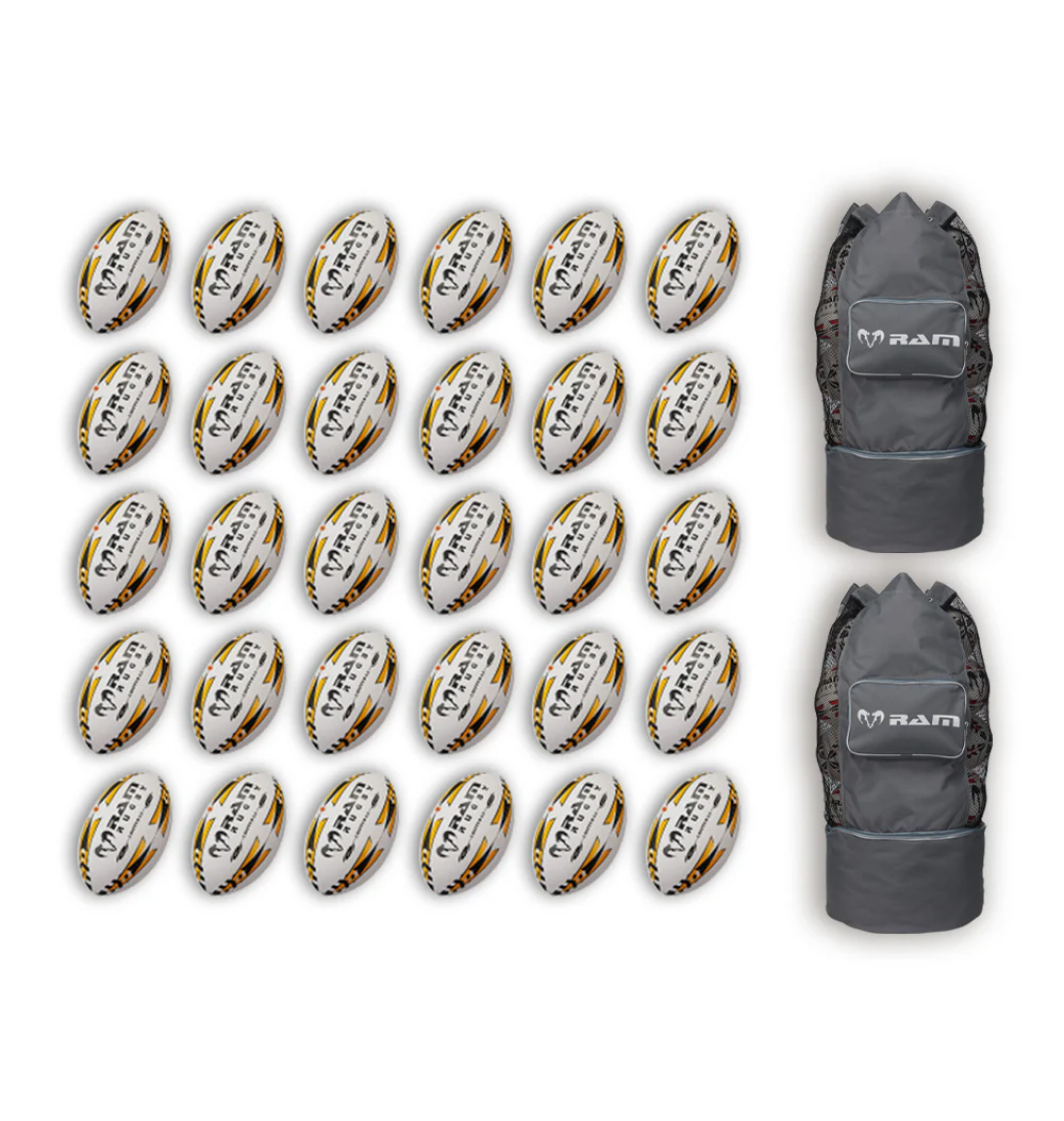 Ram Rugby Gripper 2.0 Pro Trainer Rugbyball Bundle 30 Bälle 2 Taschen