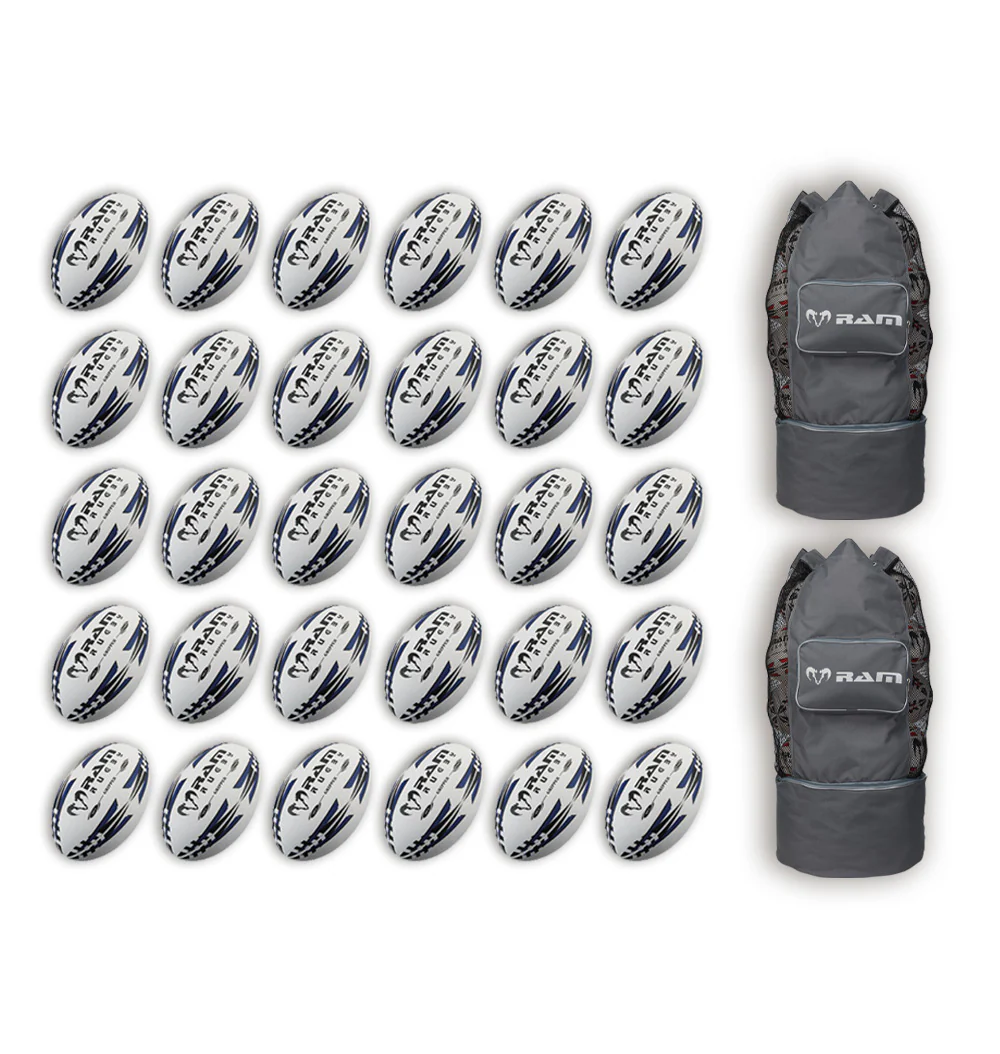 Ram Rugby Gripper 2.0 Pro Trainer Rugbyball Bundle 30 Bälle 2 Taschen