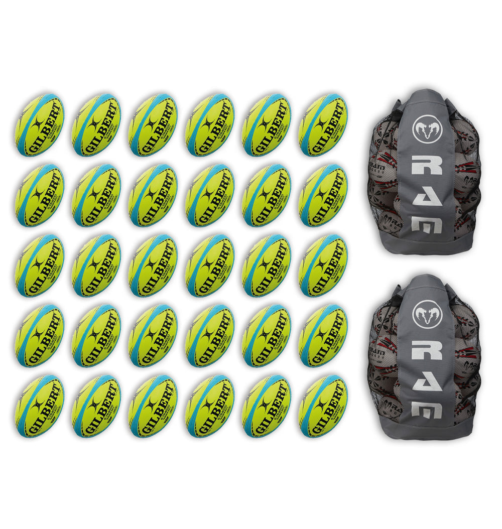 Gilbert G-TR4000 Trainer Neon rugby ball bundle featuring 30 fluorosize 5 balls with 2 breathable ball bags in neon colors