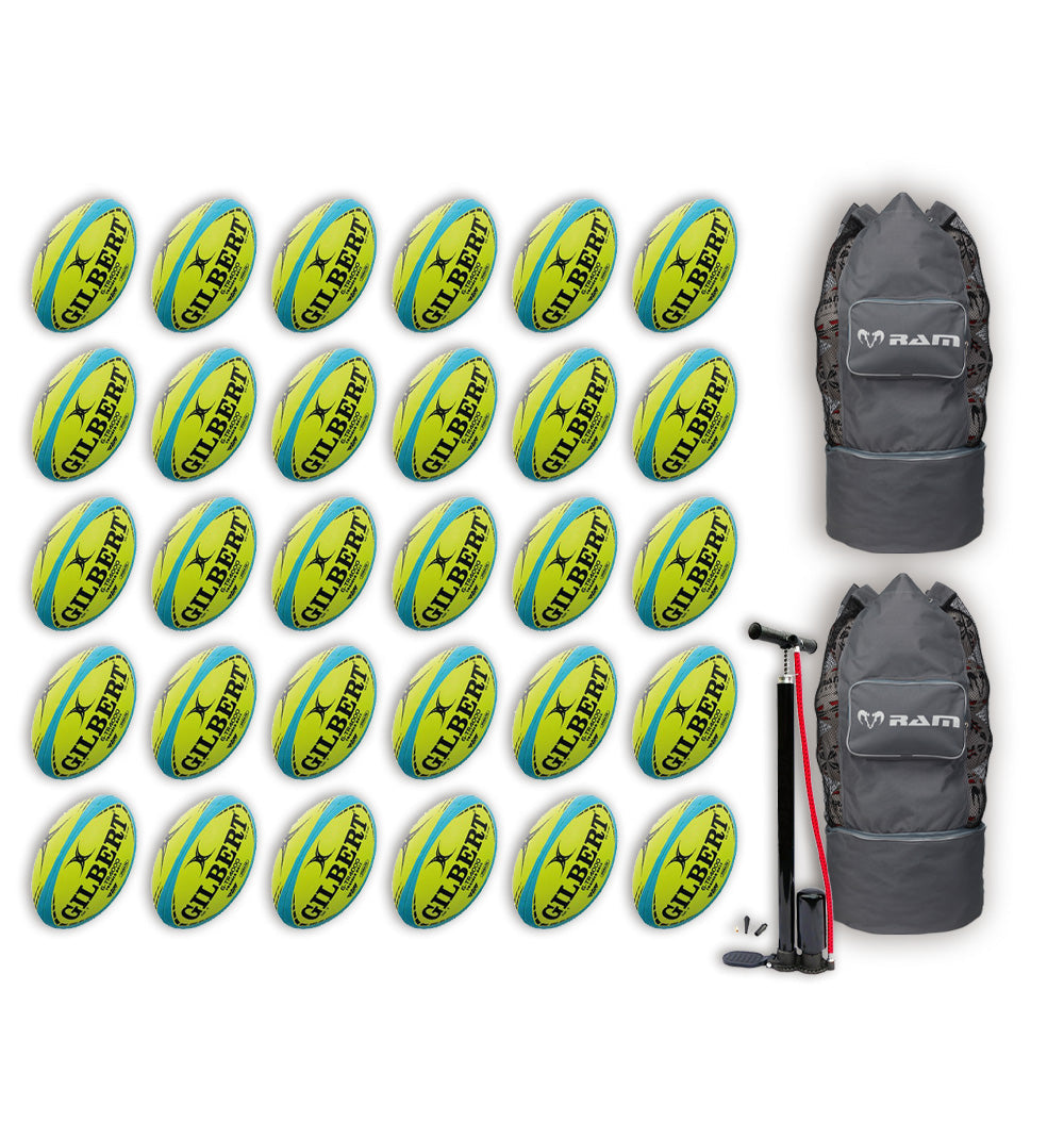 Stack of 30 Gilbert G-TR4000 neon yellow rugby balls arranged with two breathable mesh ball bags for size 5 training bundle