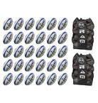 Thirty Gilbert G-TR4000 trainer rugby balls stacked with two large breathable bags designed for storing size 5 balls