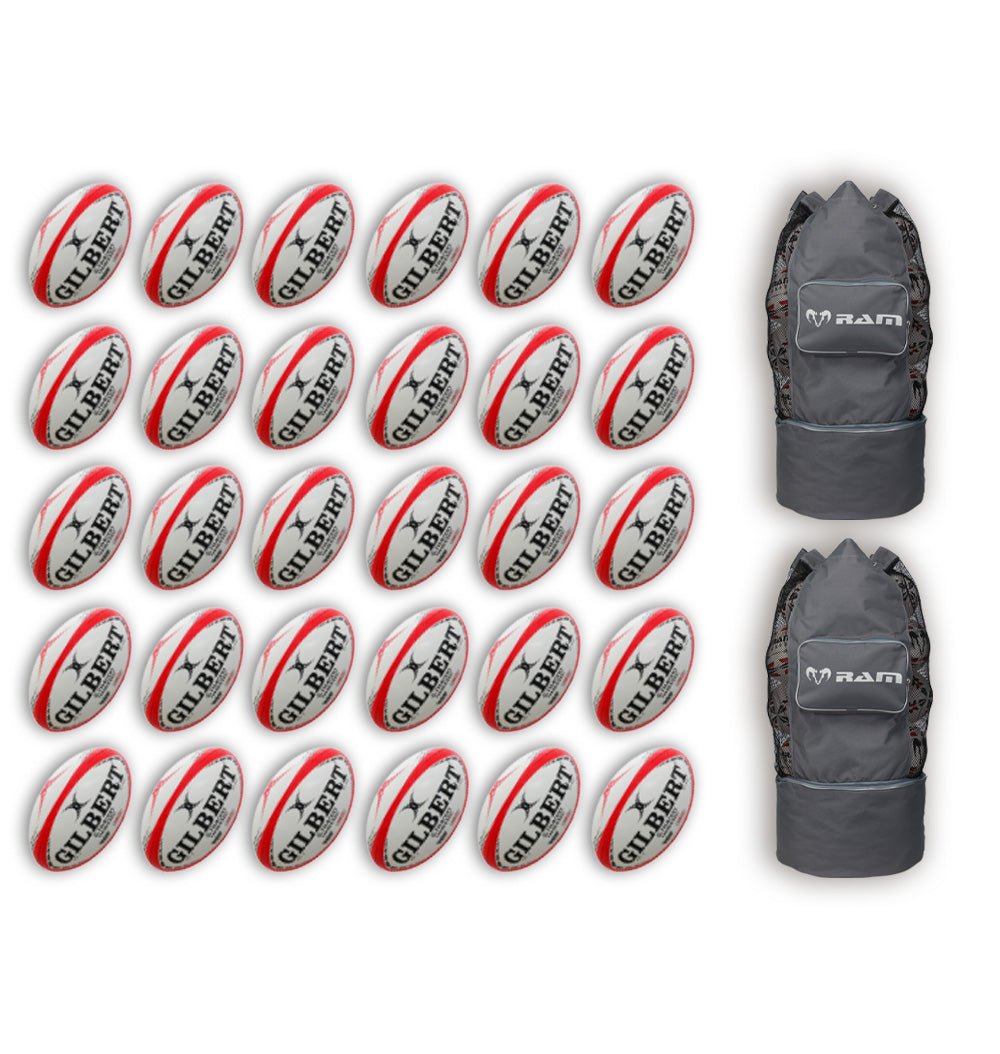 Thirty Gilbert G-TR4000 size 5 trainer rugby balls neatly stacked with two large breathable ball storage bags included